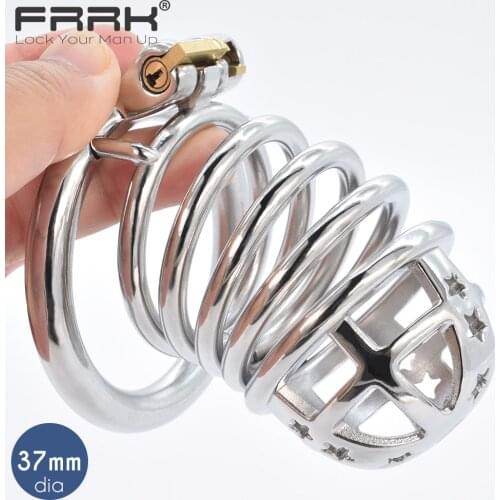 FRRK Big Metal Chastity Cock Cage 37mm dia Male Bondage Devices Stainless Steel Flirting Couple Sex Toys BDSM Large Penis Rings