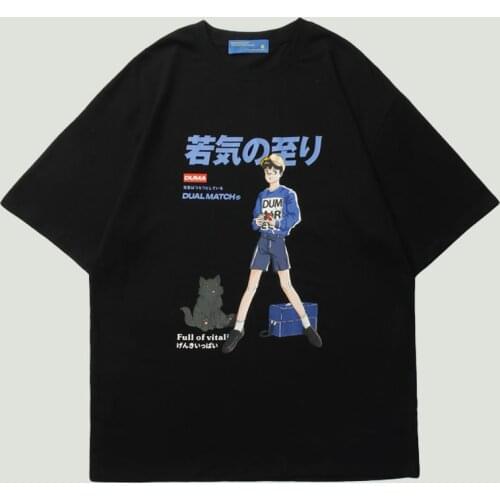 Mens Short Sleeve T Shirt Japanese Kanji Boy Cat Printing Harajuku Hip Hop Streetwear Cotton Casual T-Shirts Unisex 2021 Summer