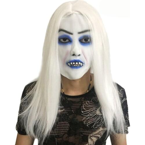 Hot Selling Halloween Horror Mask White Hair Witch Bloody Creepy Cosplay Costume Party