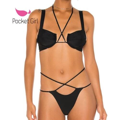 Pocket Girl 2021 Sexy Bikini Hollow Out Bikini Set Black Swimwear Women Brazilian Swimsuit Bandage Bathing Suit String Biquini