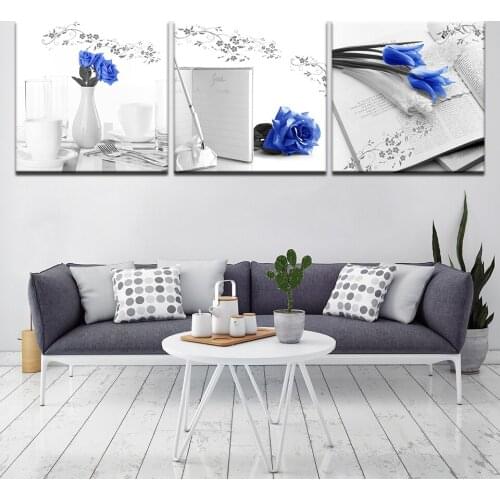 Blue roses flowers notebook 3 panel Poster and Print Canvas Painting Picture for Living Room Home Decor