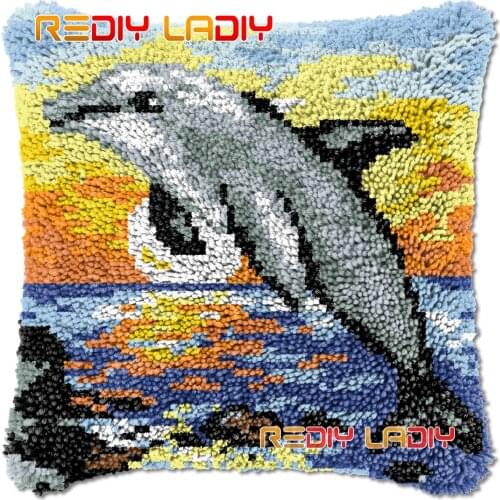 Latch Hook Cushion Sunset Dolphin DIY Needlepoint Kits Chunky Acrylic Yarn Arts Crocheting Lofty Pillow Case Hobby & Crafts