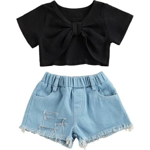 Cute Girls Set Short-sleeved and Shorts Suit Solid Color Cropped T-shirt and Ripped Denim Short Pants Summer Kids Clothes