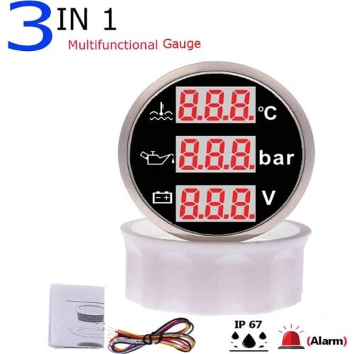 52mm Digital 3 In 1 Multi-function Gauge with Oil Press Fuel /Water Level Water Temperature RPM Gauge for Boat Car Motorcycle