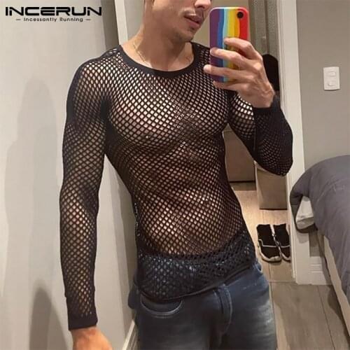 Fashion Men T Shirt Mesh O Neck See Through Streetwear Long Sleeve Tee Tops 2021 Sexy Party Nightclub Men Clothing S-5XL INCERUN
