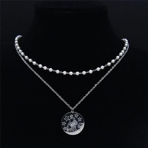 Stainless Steel Pearl 12 Constellations Aquarius Pendant Necklace Women Silver Color Astrology Necklaces Jewelry cadena N9208S04
