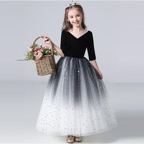 Little girl black big V-neck birthday party dress communion dress skirt gradient pearl temperament dress