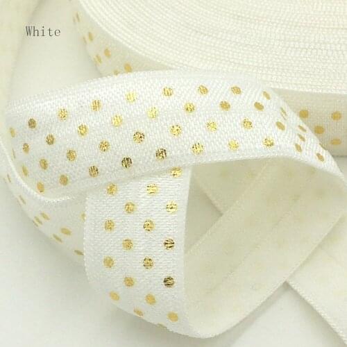 5Yards 5/8 Gold Dots on White Fold Over Elastic - Printed FOE Headband elastic, satin elastic, wholesale elastic