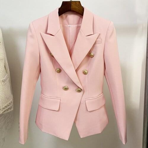 High Quality Light Pink Blazer Womens Suit Jacket Metal Double Breasted Button Work Business Cotton Blazers Jackets Coat 2021