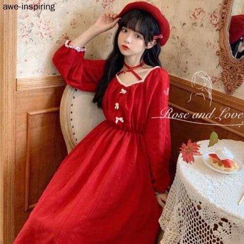 Japanese Lolita Gothic Dress Women Vintage Kawaii Chiffon Dress Casual Long Sleeve Y2k Dress 2021 Black Cute Midi Dresses Red