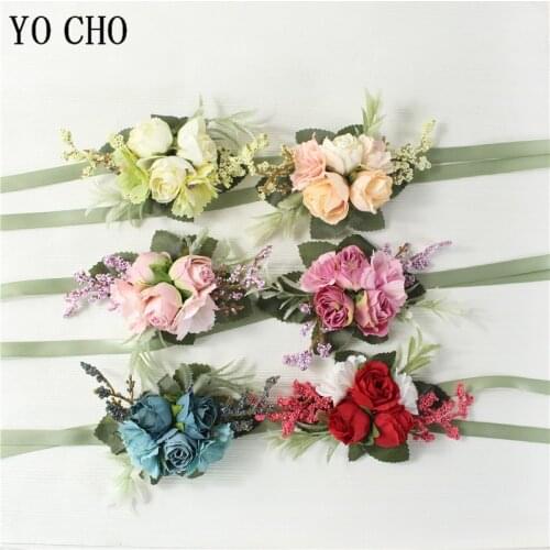 YO CHO Boutonniere Wrist Corsage Wedding Bridesmaid Bracelet Silk Rose Flower Party Prom Girl Wrist Corsage Wedding Boutonniere