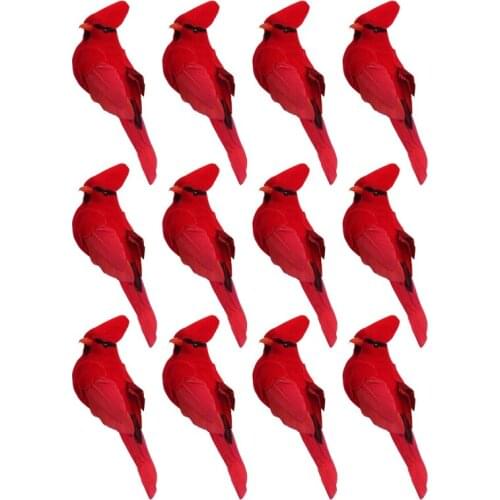 12Pcs Clip-on Artificial Red Cardinals Christmas Ornaments Feathered Bird Xmas