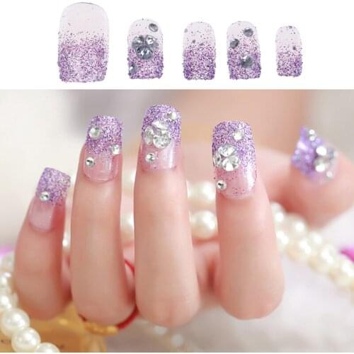 24pcs/pack New Clear False Short Pointed Soft Purple Shining Rhinestone Fake Nails Square Full Cover Pure Colour Candy Color