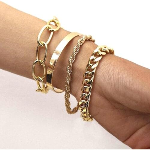 4pcs/Set Vintage Snake Chain Bracelets for Women Beach Bohemian Fashion Thick Iron Link Bracelet Bangles Punk Hand Jewelry Decor
