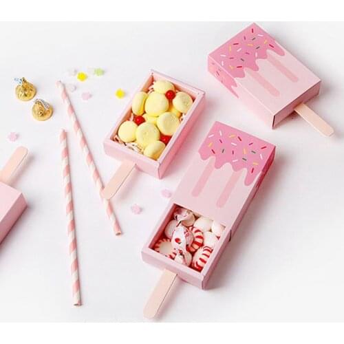 5pcs Pink Ice Cream Shape Gift Box Popsicle Candy Paper Box Cartoon Drawer Gift Box For Kids Baby Shower Birthday Packing Supply