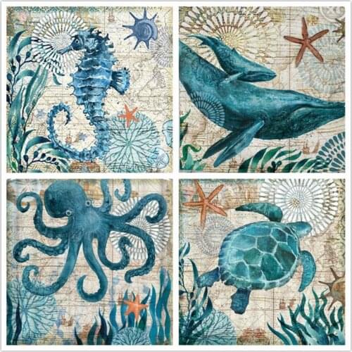 5D DIY Retro Diamond Painting Blue Whale Octopus Turtle Hippocampus Vintage Poster Diamond Embroidery Cross Stitch Home Decor