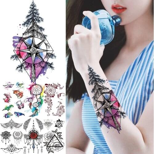 Watercolor Geometric Tatoos Stickers For Women Girls Kids Tree Panda Fox Flower Temporary Tatoo Fake Whale Realistic Tattoos
