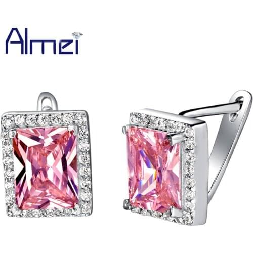 Almei 15% Bijouterie China Pendientes Mujer Pink Crystal Earrings Silver Color Square Stone Jewelry Studs Earring Jewelery R721