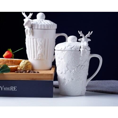 White Porcelain Christmas 3D Elk Amimal Couples Coffee Milk Mugs with Lid Ceramic Creative Cute Deer Breakfast Cup Drinkware