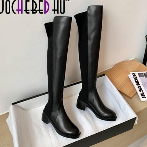 【JOCHEBED HU】Brand Designer Cow Leather Boots Knee High Boots Women 2021 Black Low Heels Cow leather Shoes Slip On Classics Boot