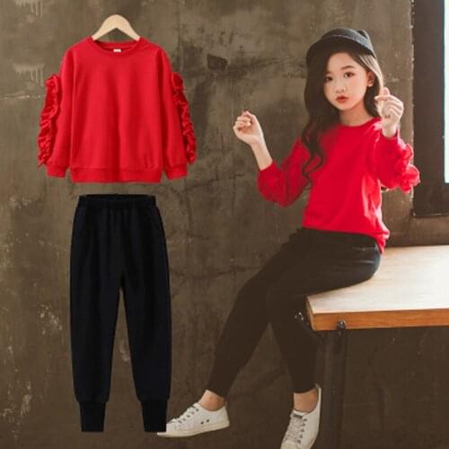 Girls Clothes Set flower ruffle Sleeve Hooded Sweatshirt and Pants Kids Girls Tracksuit Fashion Sport Suit Fashion Clothing Set