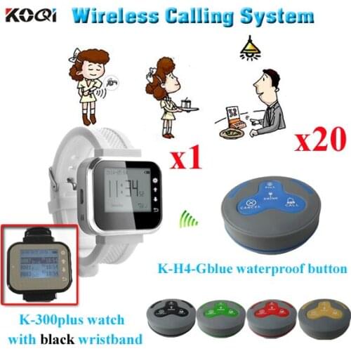 Long Range Wireless Call Bell System Service Paging Equipment ( 1pcs watch receiver pager + 20pcs waterproof call button buzzer)
