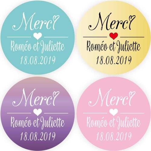 DouxArt 100 Pieces Stickers Personalized Wedding Merci, 4cm Colorful Label for Wedding Party Baptism Communion Favors Invitation