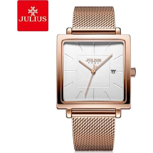 Julius New Stainless Steel Mesh Band Womens Business Watch Square Stylish Quartz Wristwatch 30M Waterproof JA-1207