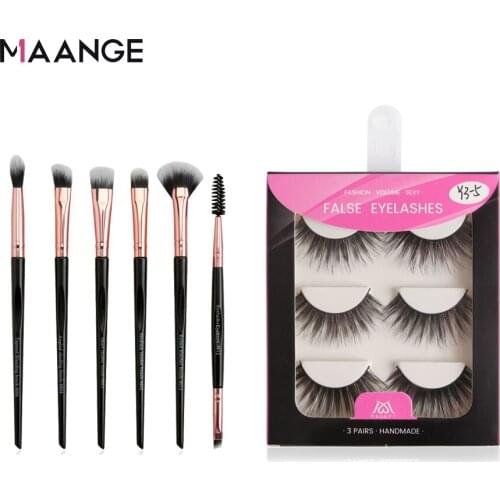 MAANGE 3 Pairs 3D False Eyelashes with 6 Pcs Makeup Eye Brushes Powder Blending Eyeshadow Faux Mink Lashes Eye Make Up Tools Kit