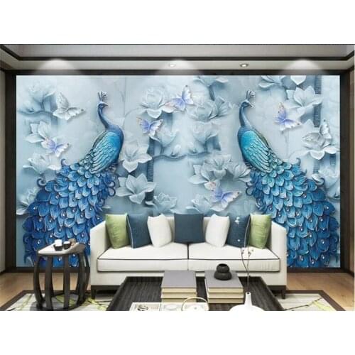 Chinese Style 3D Embossed Blue Peacock Oil Painting Mural Wallpaper Living Room TV Sofa Hotel Background Wallpaper Classic Decor