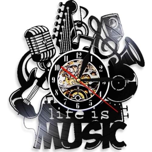 Life Is Music Inspirational Quote Vinyl Record Wall Clock Music Instruments Laser Cut LP Artwork Retro Album Music Record Clock
