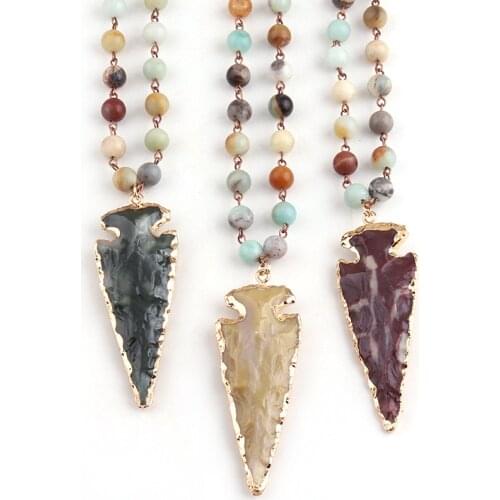 Fashion Amazonite Stones Rosary Chain Arrowhead Pendant Necklace Handmade Women Natural Stone Bead Necklaces 3 color available