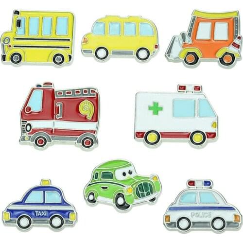 Cartoon metal color car bus brooch pin on clothes school bag decoration gift for children safety buckle pin badge