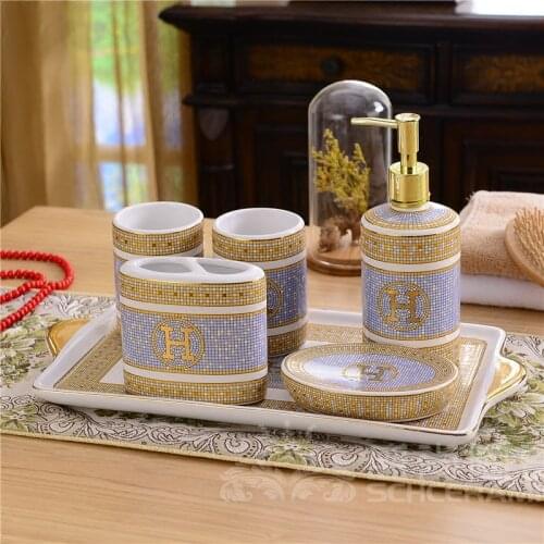 Bathroom Accessories Set Ceramic Soap Dispenser Toothbrush Holder Gargle Cup Bathroom 6 Pieces Set With Tray Wedding Gifts