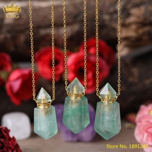 Natural Green Fluorite Stone Gold Perfume Bottle Pendant Necklace,Gemstones Essential Oil Diffuser Bottle Women Fashion Jewelry