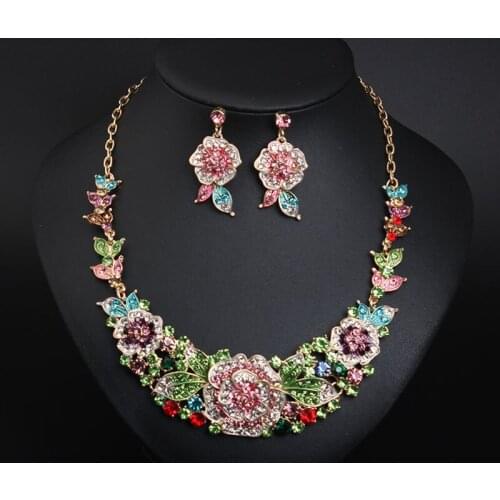 Colored Flowers Crystals Necklace Earrings for Wedding Banquet Jewelry Sets Light Luxury Womens Dress Accessories Drop Shipping