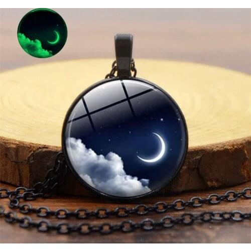 Luminous Glass Dome Pendant Necklace Starry Moon Pattern Fashion Vintage Alloy Glow In The Dark Women Men Sweater Chain Jewelry