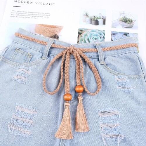 Braided weaving womens belts female tassel waist rope knot decoration dress Korean version lengthening straps