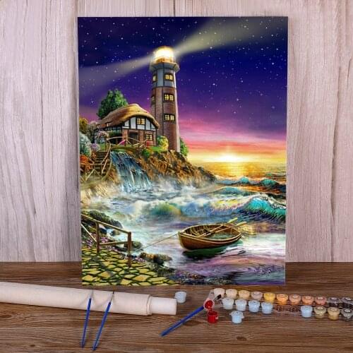 Landscape Lighthouse Coloring By Numbers Painting Package Acrylic Paints 40*50 Painting On Canvas Loft Picture Art