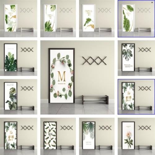 Simple Green Plant Door Sticker For Bathroom Bedroom Decoration Self Adhesive Wallpaper Wall Decal Custom Size Home Decor Poster