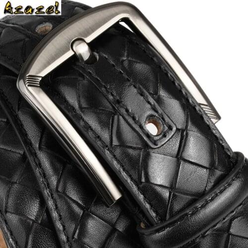 Azazel Cowskin Mens Belts Luxury Pin Buckle Woven Leather Black Male Belts High Quality Casual Genuine Leather Man Belts