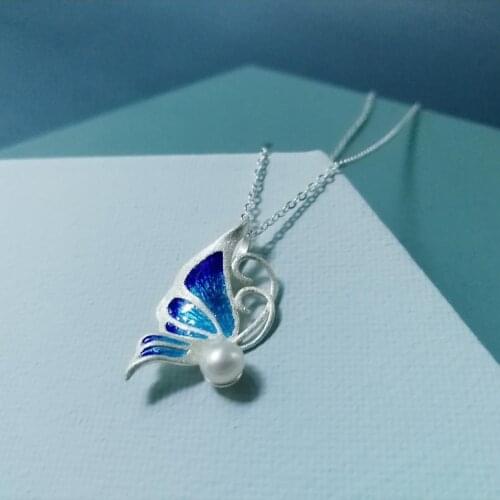 S925 Silver Filigree Butterfly Enamel Pure Silver Inlaid Treasure Natural Freshwater Pearl Pendant Female Original Handmade Pend