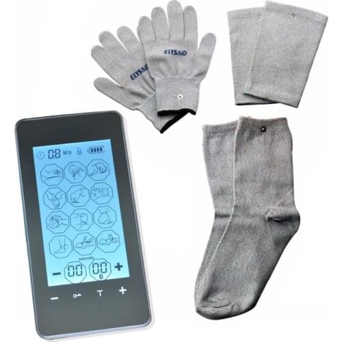 FDA 2 Channels Touch Screen Smart Electric Digital Therapy Massager Mini LCD 12 Mode With Conductive Glove Kneepad Sock For TENS