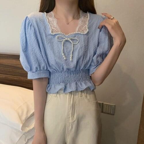 Vintage White Pearl Beading Shirts Korean Square Collar Cropped Tops Patchwork Puff Sleeve Lace Blouse Women Blusas Mujer 15332