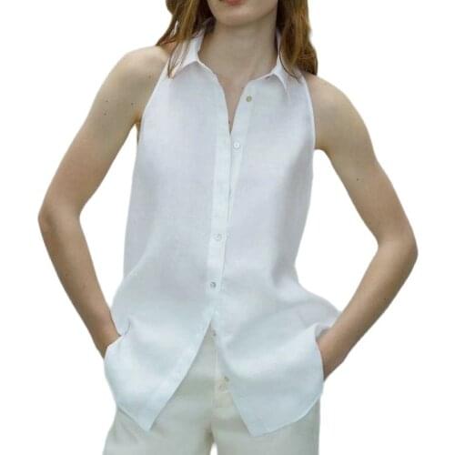 2021 Women Summer Elegant Button Up Sleeveless Halter Neck Shirts Office Lady Cotton Linen White Work Business Blouse Chic Tops