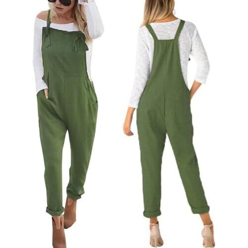 Women Pocket Cotton Linen Loose Wide Leg Jumpsuit Overall Long Trousers Pants