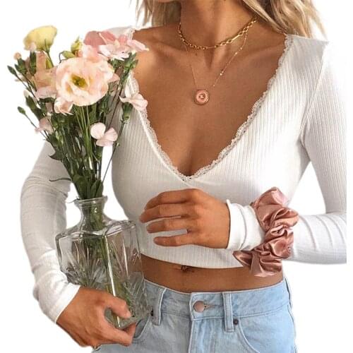 Ladies V-neck Long Sleeve Bodycon Crop Top Solid Color Lace Up Tee Shirt Clothing Women Autumn Backless T-shirts Dailywear