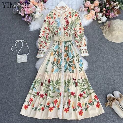 2021 Spring Autumn Elegant Floral Women Dress Ladies Stand Collar Lantern Sleeve High Waist Maxi Dress With Belt