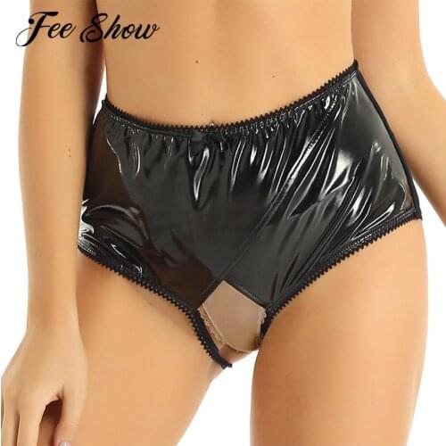 Women Sex Lingerie Latex Panties Wet Look Patent Leather Crotchless Sissy Panties Sheer Mesh Splice Open Crotch Briefs Underwear