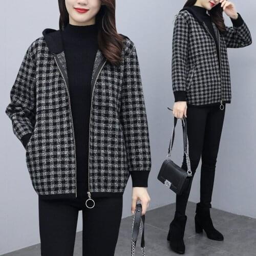 Large Size Clothing For Women 2021 Spring And Autumn Korean Plaid Hooded Design Woolen Coat Female Trend Zipper Outerwear M518